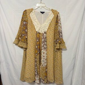 JINNA women's yellow and brown patchwork floral print dress with lace detail